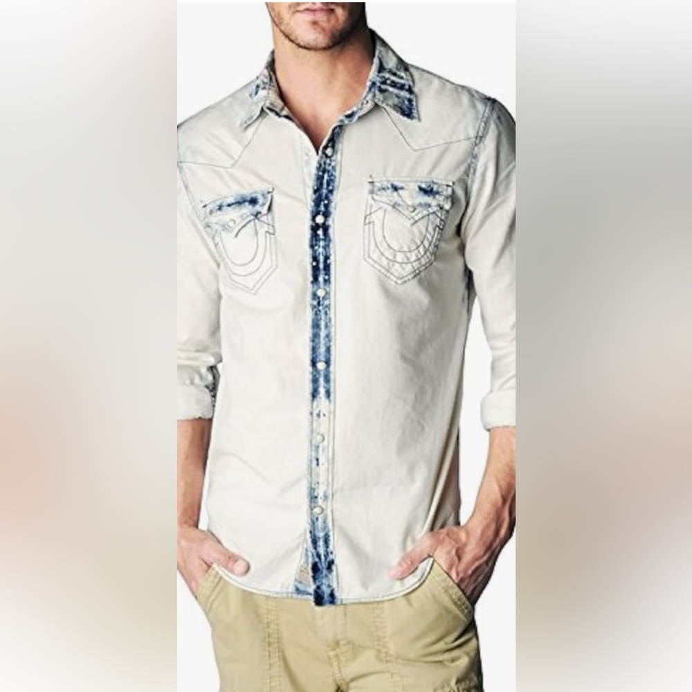 True Religion Men's Classic Long Sleeve Indigo Western Shirt in Bleached Bandana